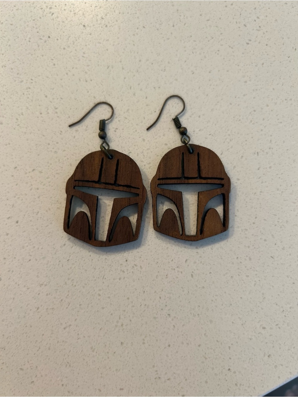 Wooden Mandalorian Helmet Dangle Earrings - Brown